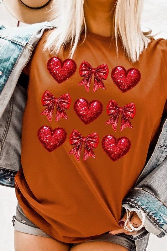 Faux Glitter Valentine Hearts & Bows Graphic Tee