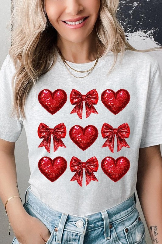 Faux Glitter Valentine Hearts & Bows Graphic Tee