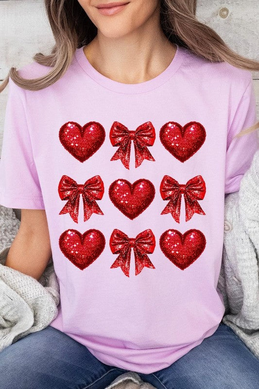 Faux Glitter Valentine Hearts & Bows Graphic Tee