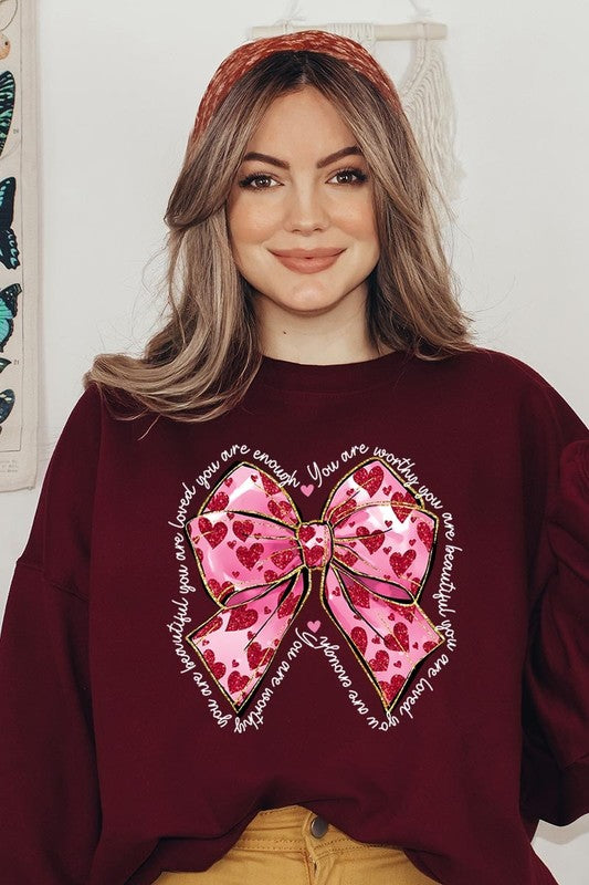 Faux Glitter Valentine Bow Graphic Sweatshirt