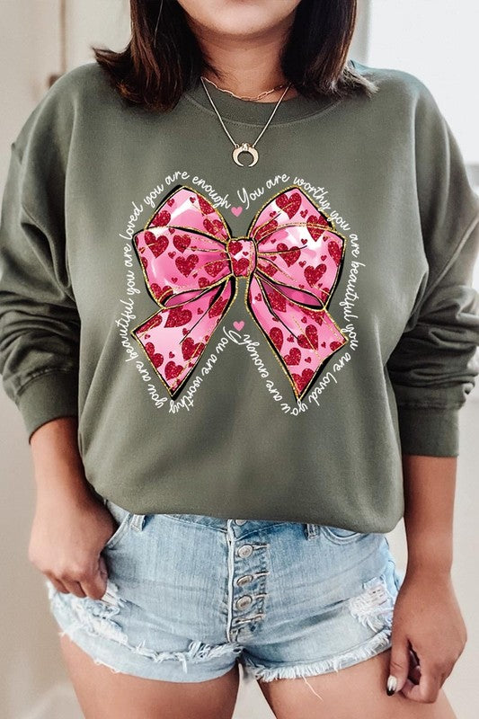 Faux Glitter Valentine Bow Graphic Sweatshirt