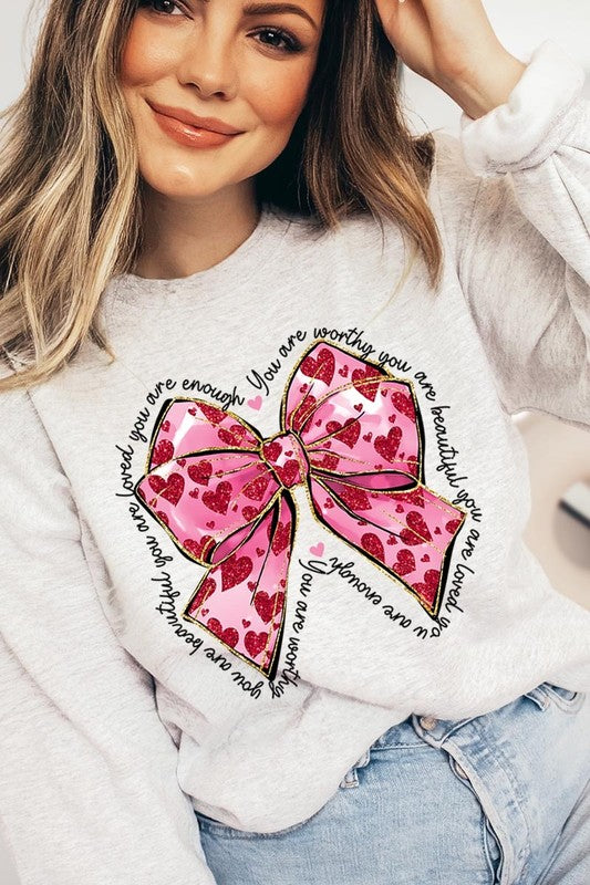 Faux Glitter Valentine Bow Graphic Sweatshirt