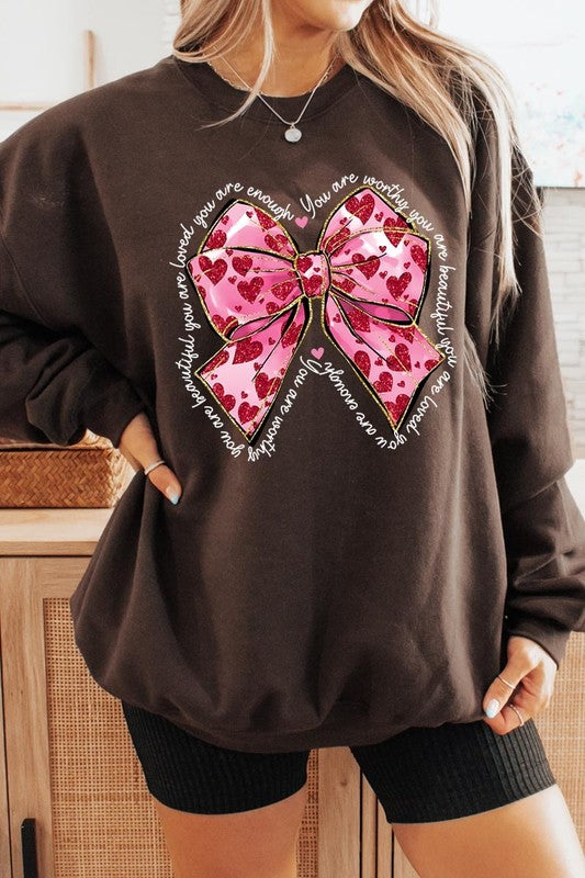 Faux Glitter Valentine Bow Graphic Sweatshirt