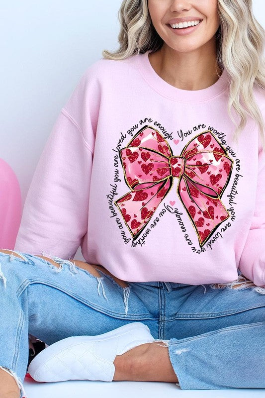 Faux Glitter Valentine Bow Graphic Sweatshirt