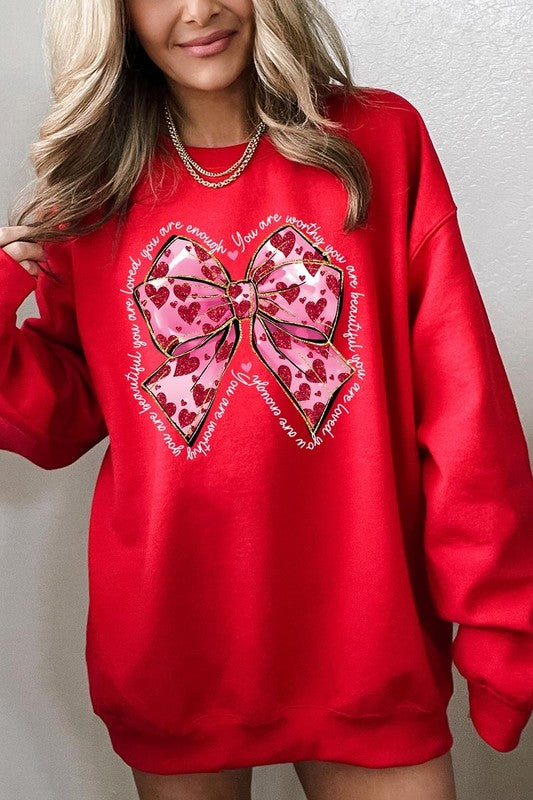 Faux Glitter Valentine Bow Graphic Sweatshirt