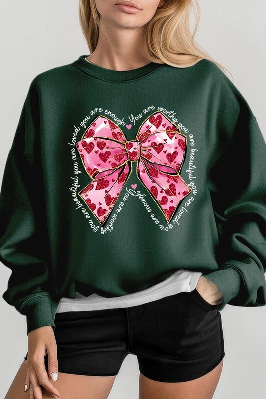 Faux Glitter Valentine Bow Graphic Sweatshirt