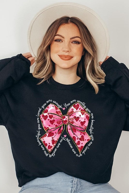 Faux Glitter Valentine Bow Graphic Sweatshirt