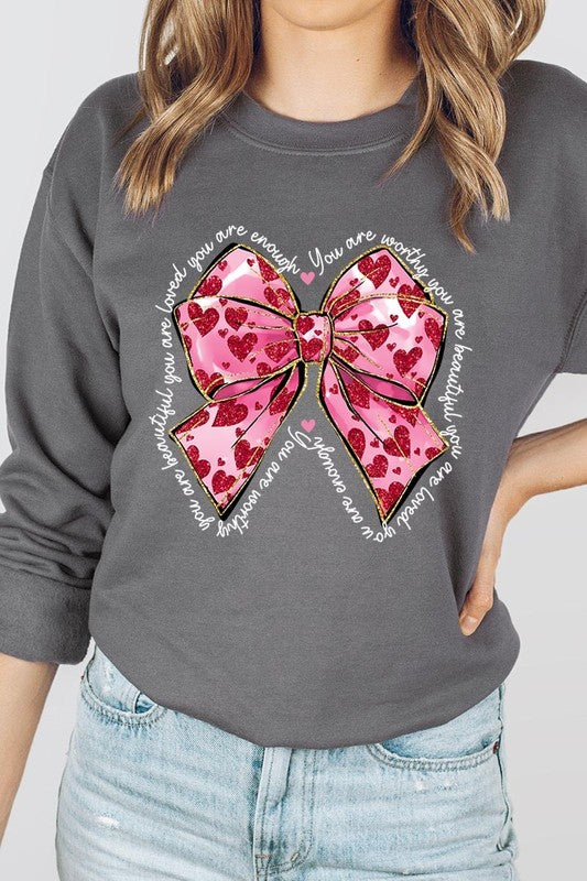 Faux Glitter Valentine Bow Graphic Sweatshirt