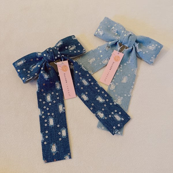 Distressed Jean With Sequin Bow Hair Clip