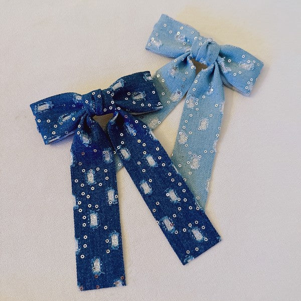 Distressed Jean With Sequin Bow Hair Clip