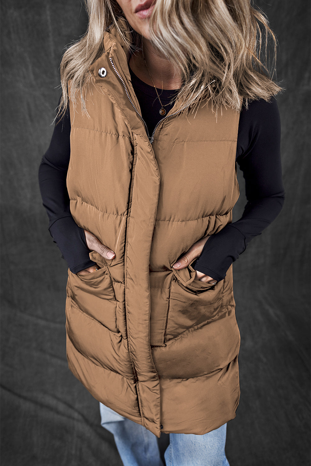 Coffee Windproof Longline Full Zipper Puffer Vest