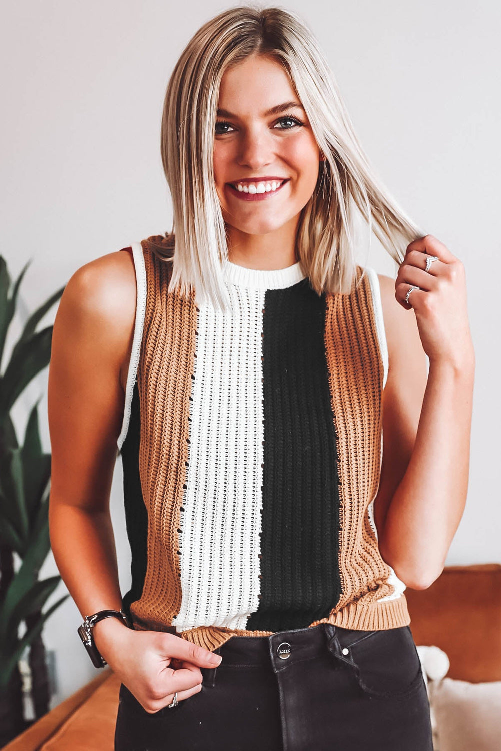 Khaki Stripe Color Block Sweater Vest