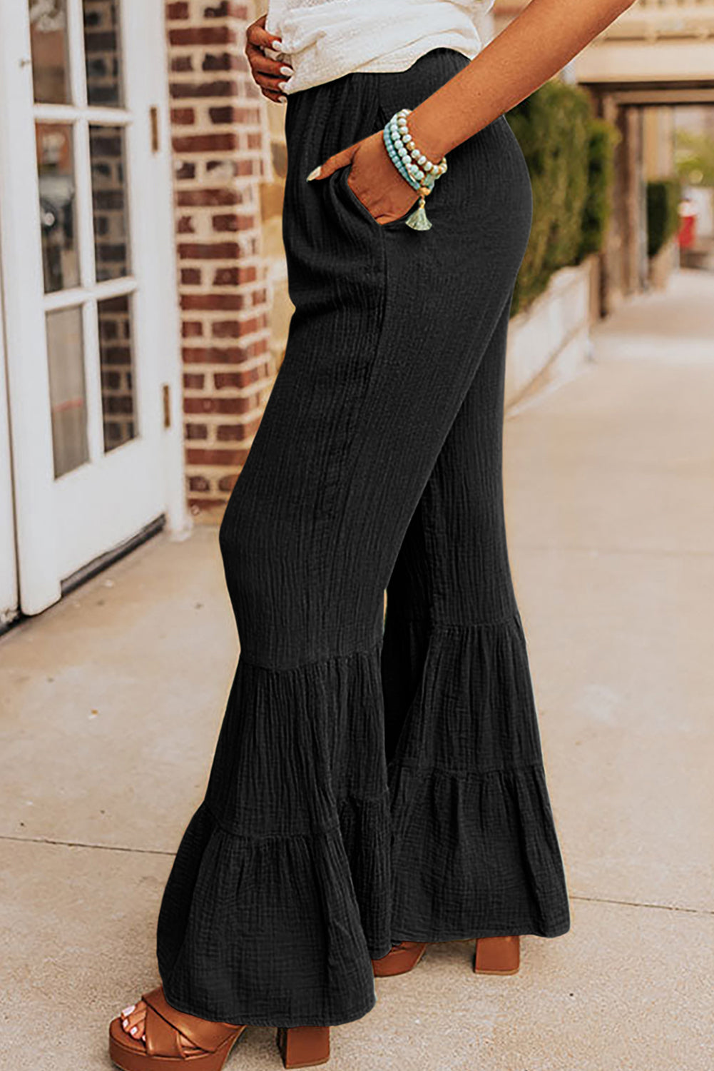 Black Textured High Waist Ruffled Bell Bottom Pants – Farmhouse Signs and  Co.
