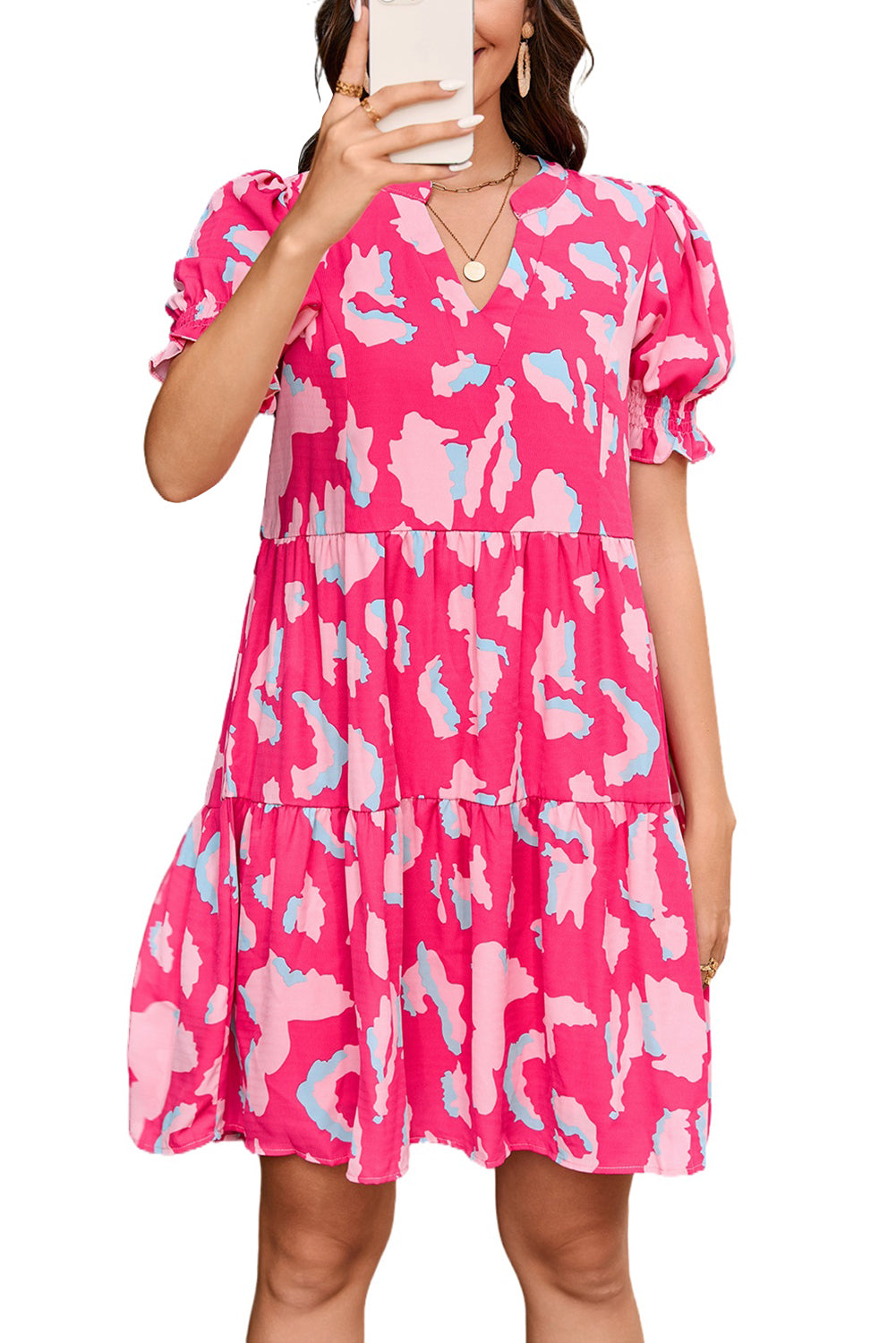 Pink Printed Puff Short Sleeve Loose Dress