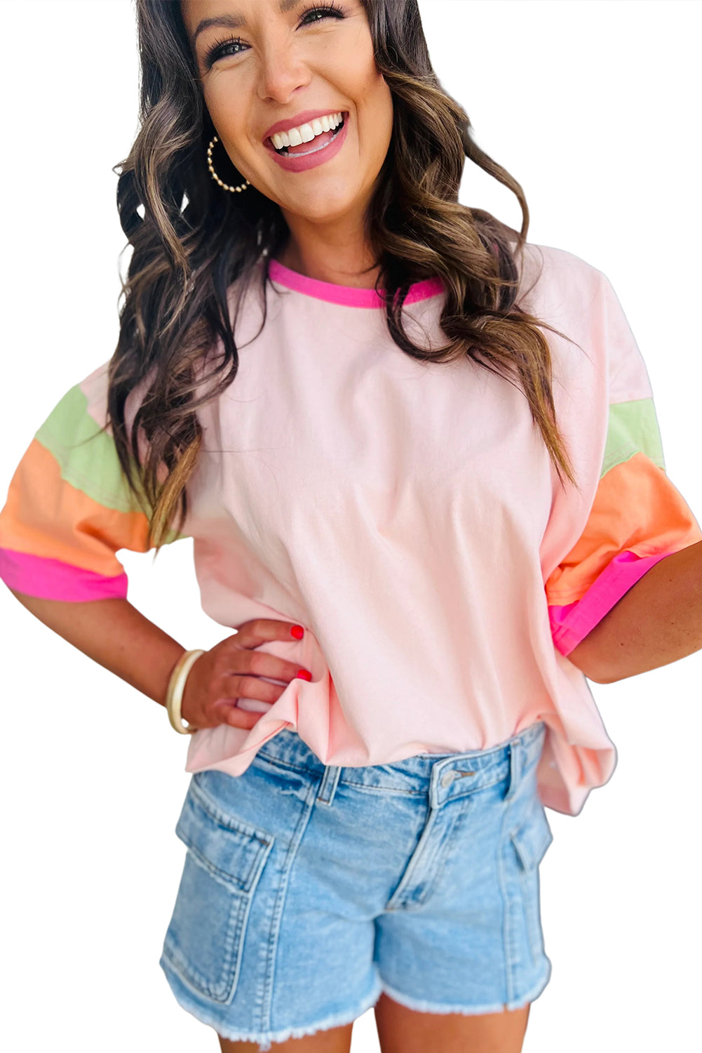 Pink Color Block Stitching Sleeve Round Neck Oversize Top