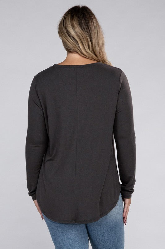 Long Sleeve Round Neck Round Hem Top - PLUS