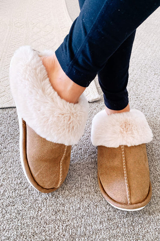 Camel Plush Suede ContrastWinter Home Slippers