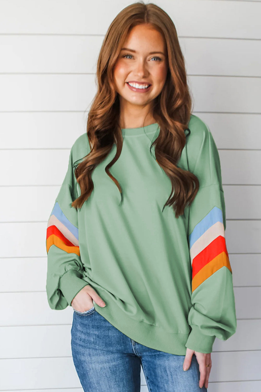 Flamingo Rainbow Striped Sleeve Crew Neck Loose Sweatshirt