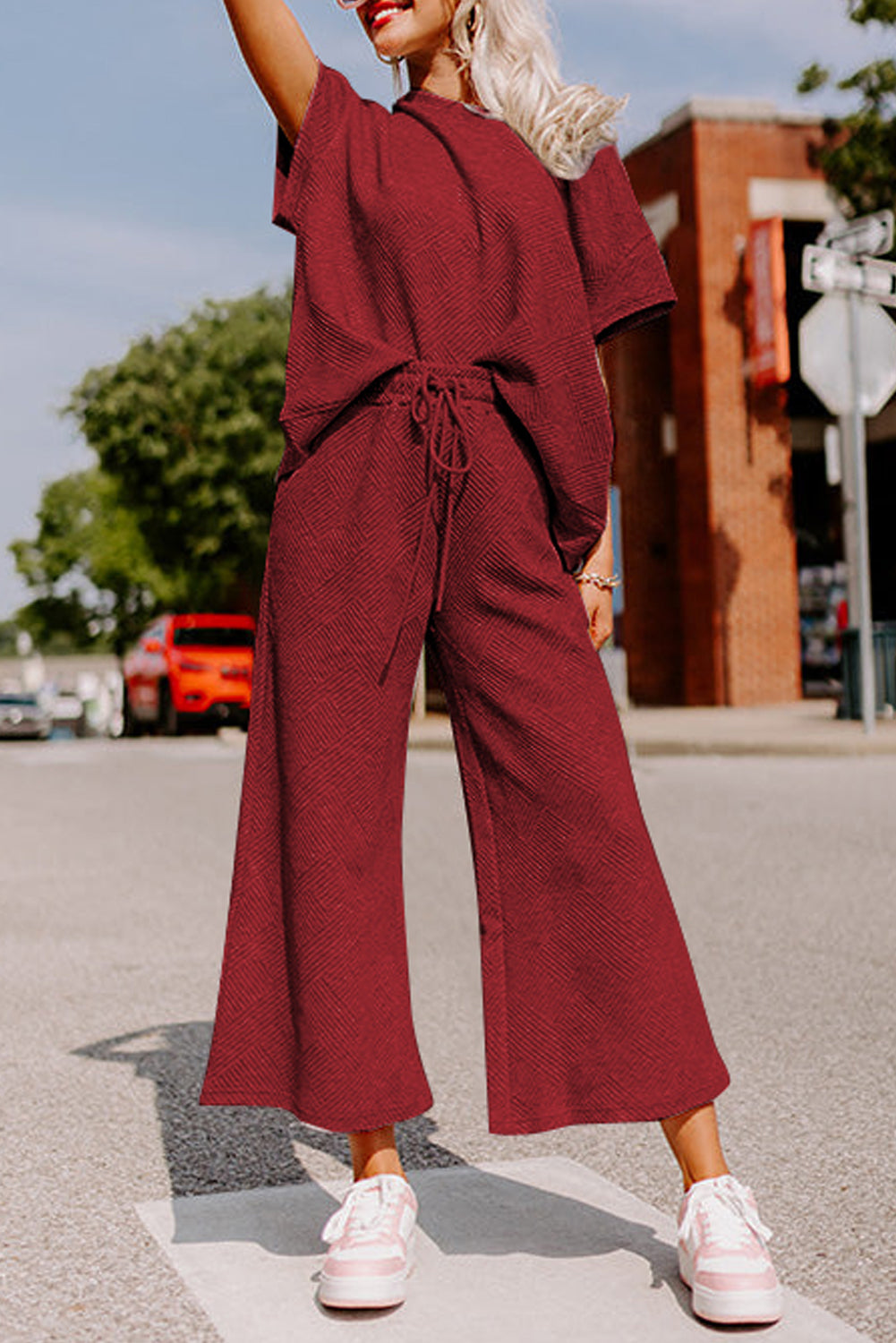 Black Textured Loose Fit T Shirt and Drawstring Pants Set