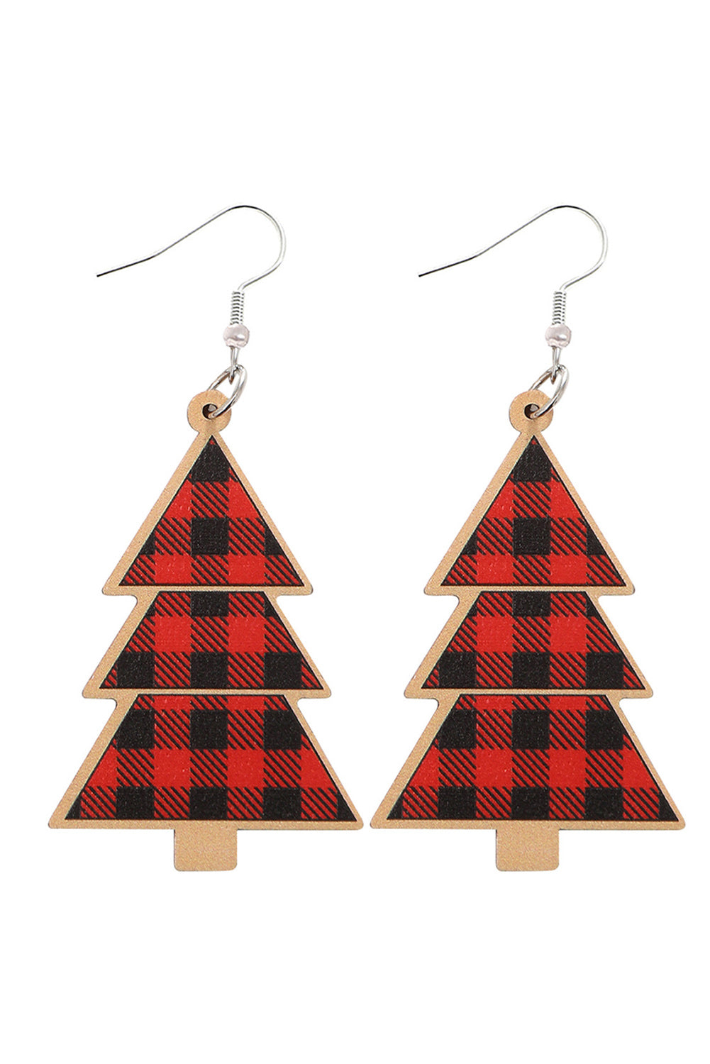 Red Plaid Christmas Tree Wooden Pendant Earrings