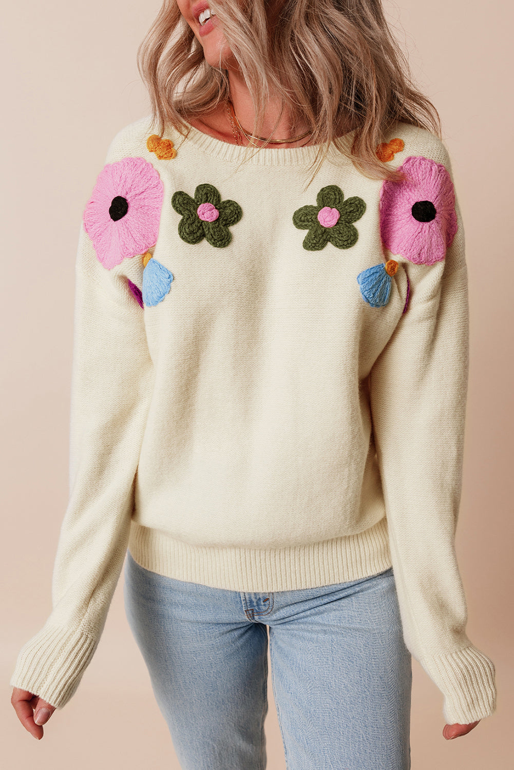 Light Blue Knitted Flower Pattern Ribbed Edge Sweater