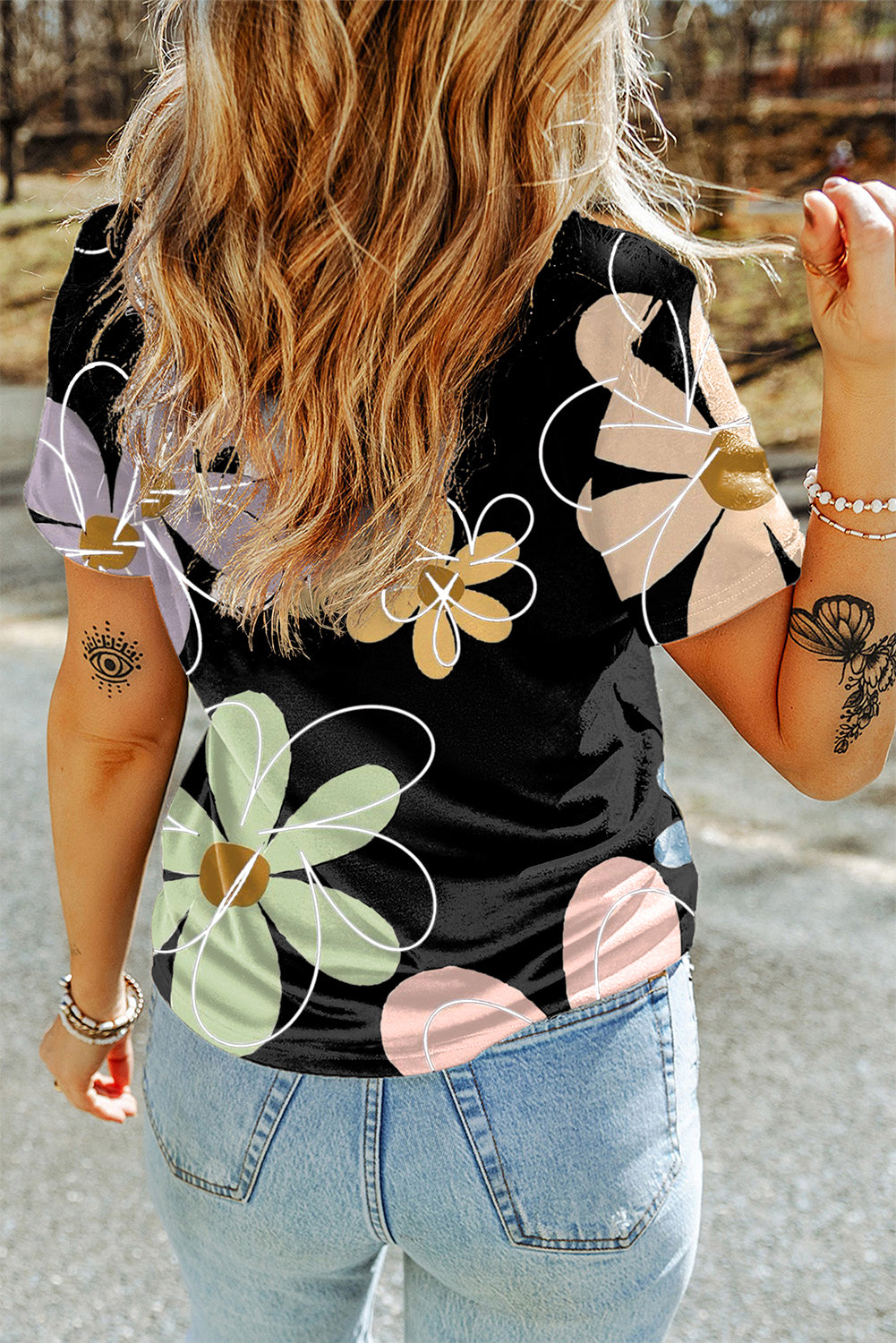 Black Summer Flower Print T Shirt