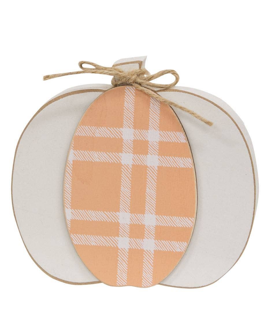 Cream & Orange Plaid Wooden Pumpkin Sitter, 2 Assorted