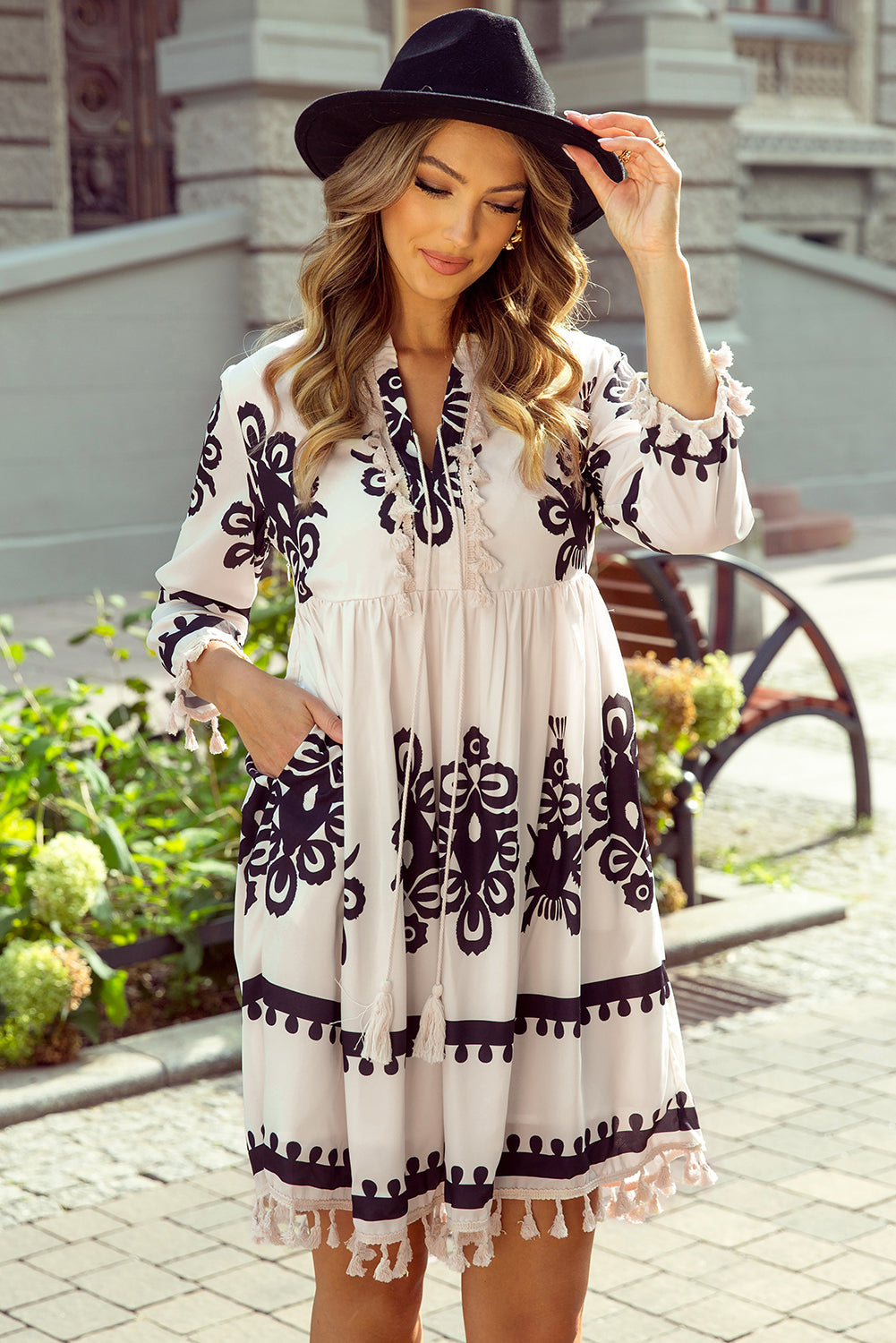 Beige Western Pattern Print Dress