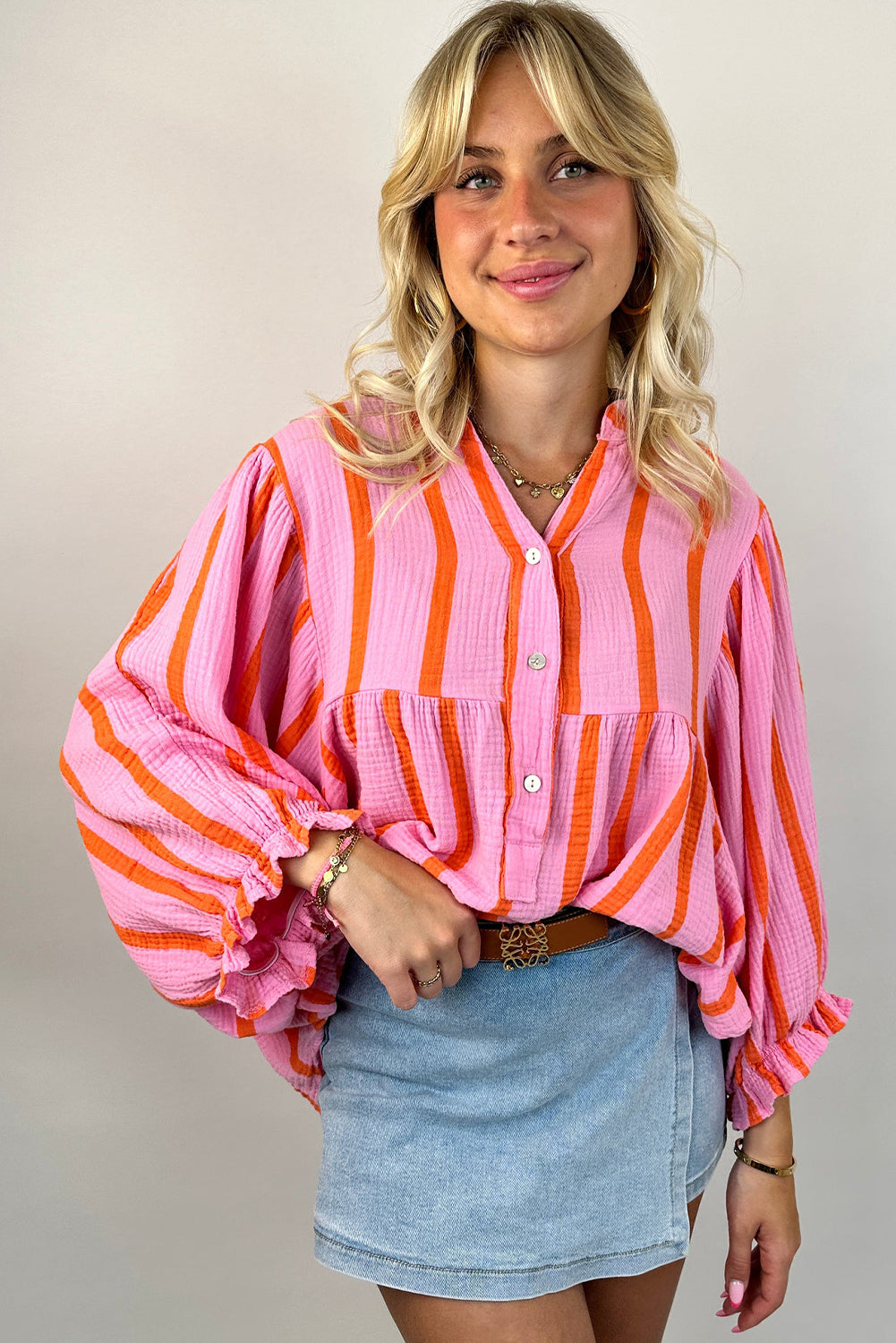 Orange Stripe Crinckled Ruffled Shirt