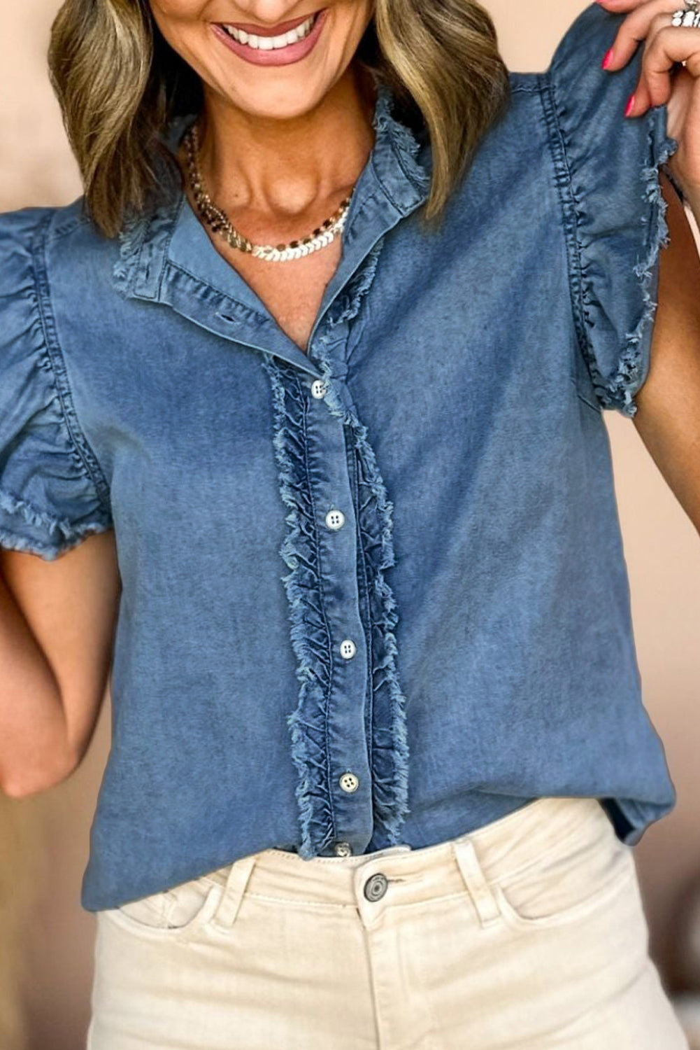 Blue Button Ruffled Denim Top