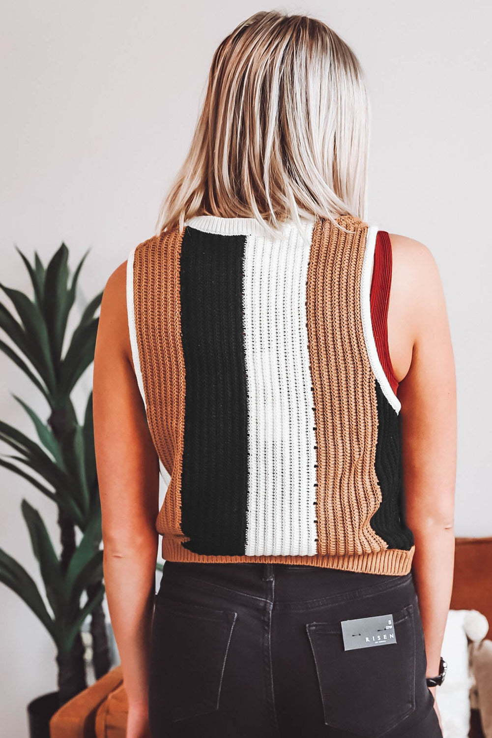 Khaki Stripe Color Block Sweater Vest