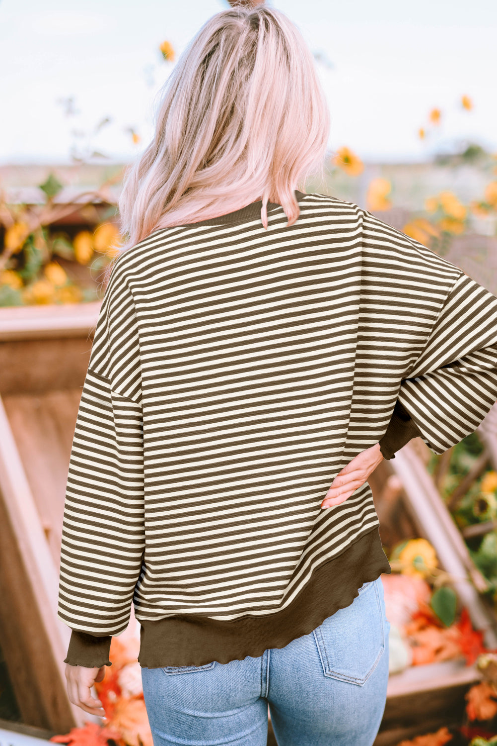 Black Stripe Loose Drop Shoulder Long Sleeve Top