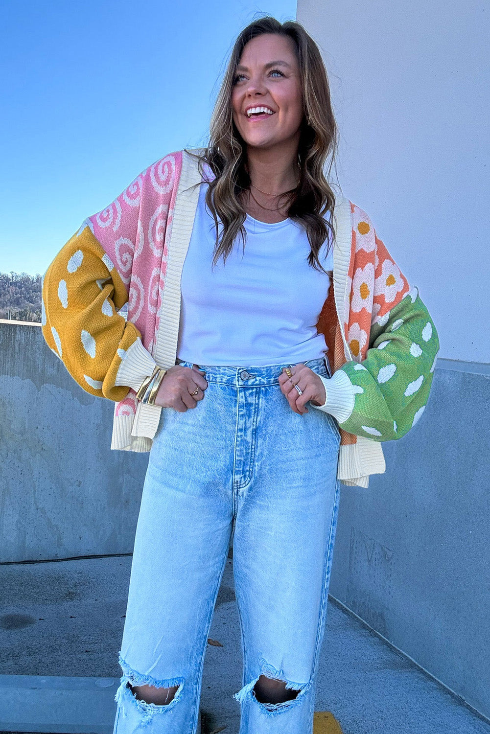 Orange Flower & Dotted Mixed Print Cardigan