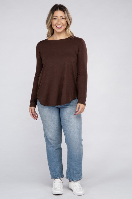 Long Sleeve Round Neck Round Hem Top - PLUS