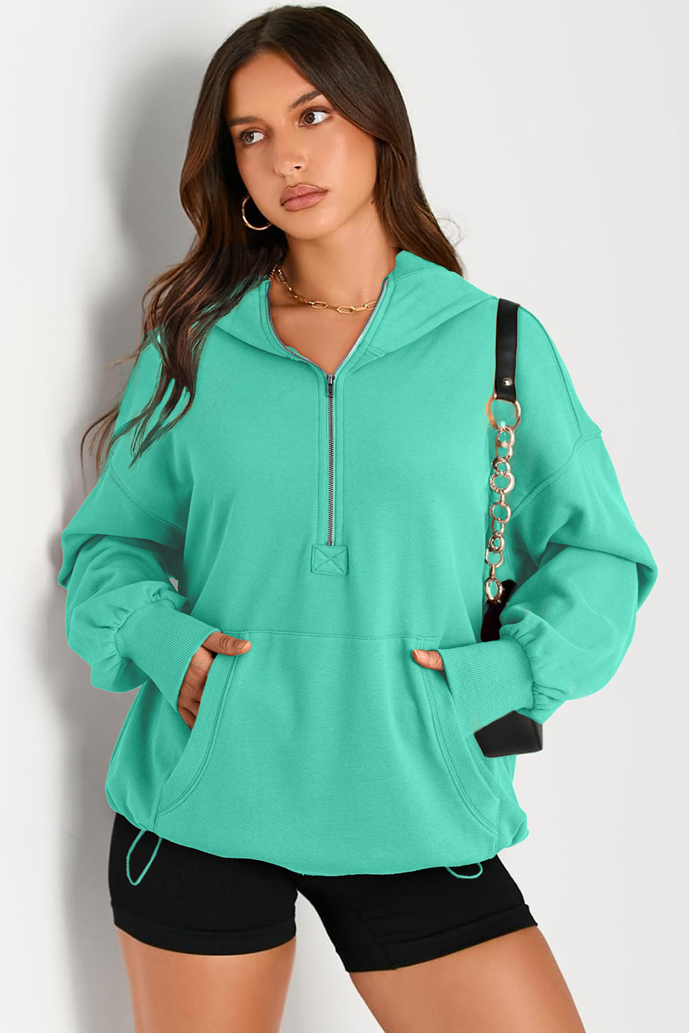 Bonbon Solid Kangaroo Pocket Half Zipper Oversized Hoodie