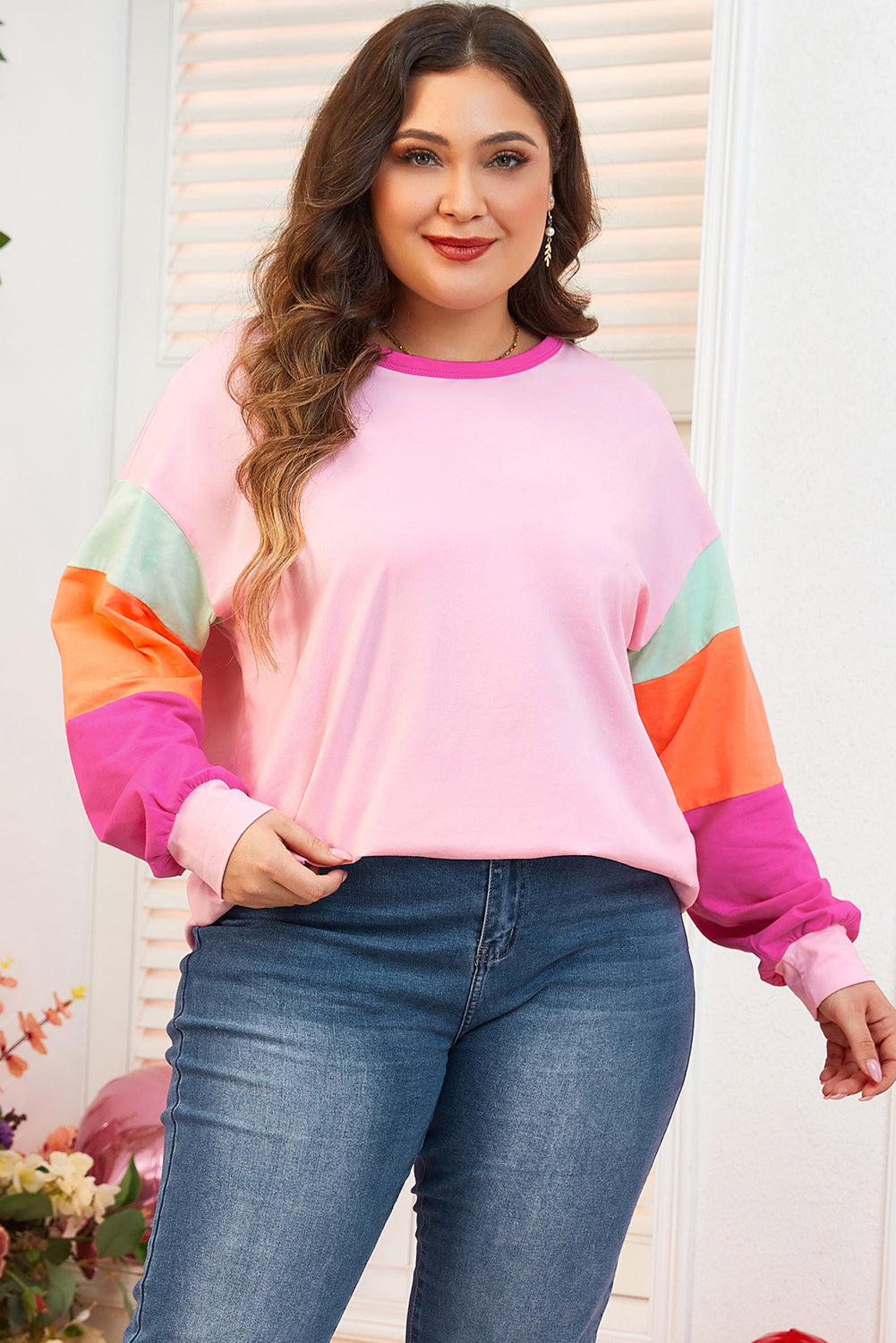 Pink Colorblock Patchwork Plus Size Top