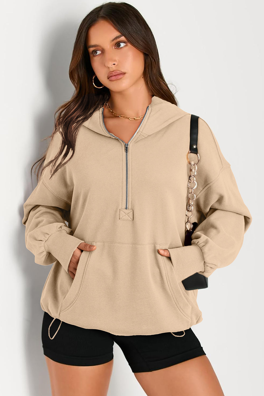 Bonbon Solid Kangaroo Pocket Half Zipper Oversized Hoodie