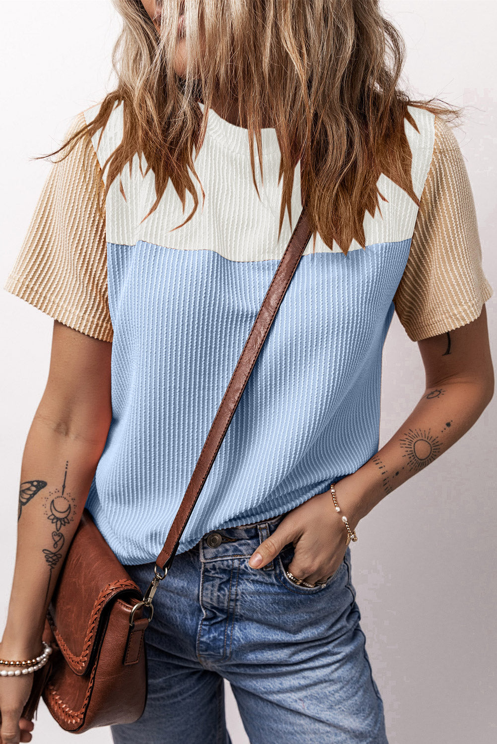 Light Blue Rib Textured Colorblock Tee