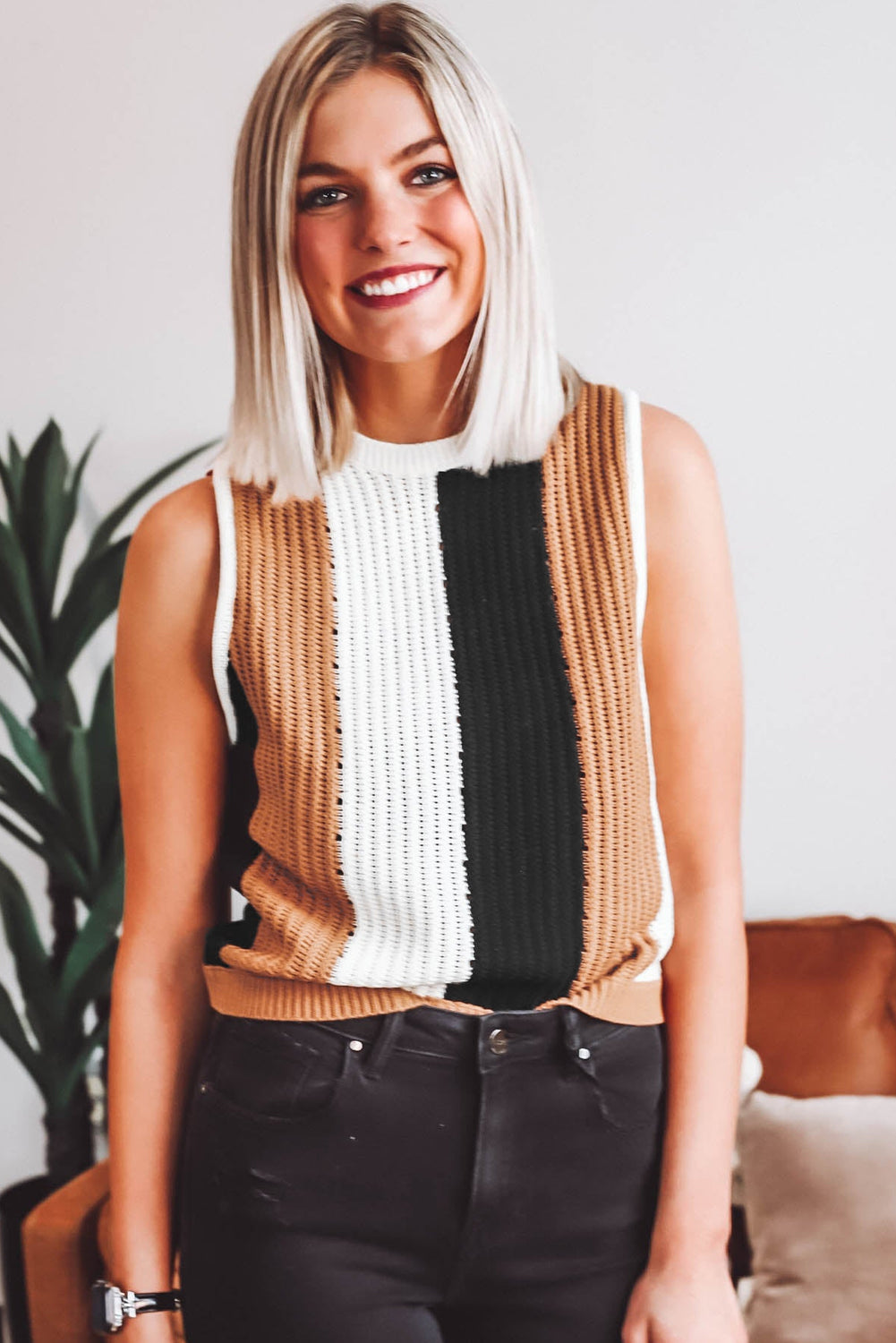 Khaki Stripe Color Block Sweater Vest