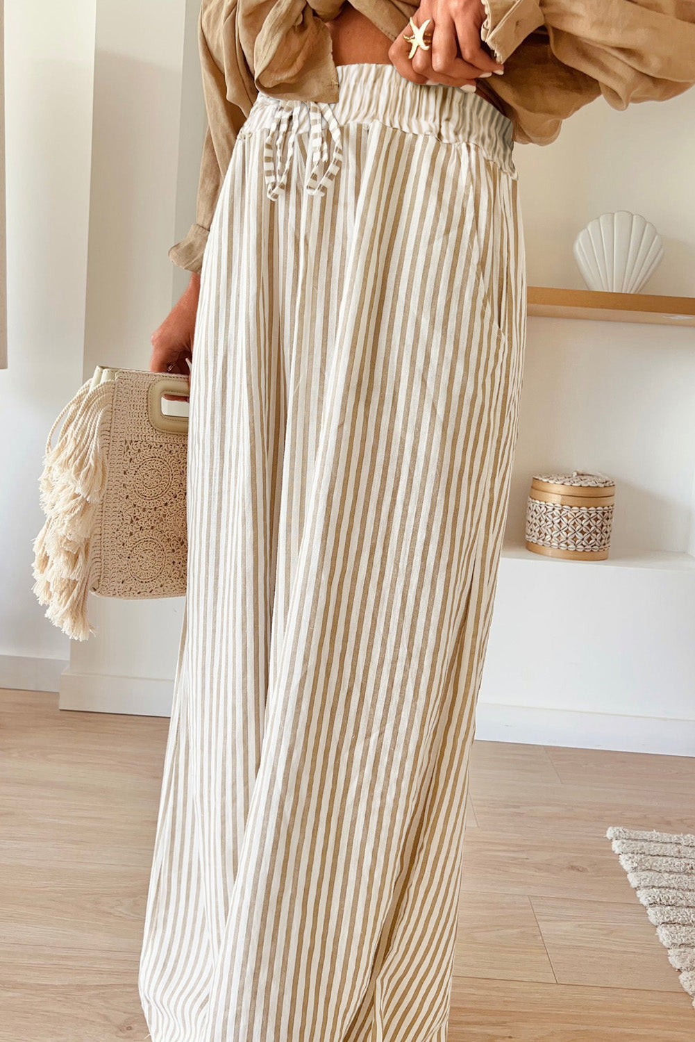 Khaki Stripe Plus Size Wide Leg Pants