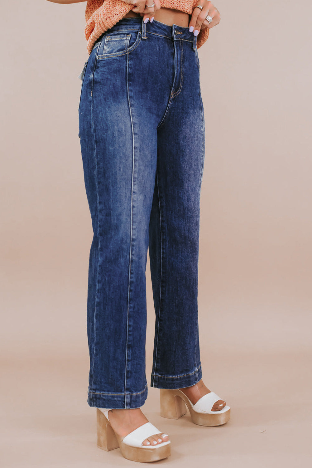 Navy Blue Plus Size Seamed Wide Leg High Waist Jeans