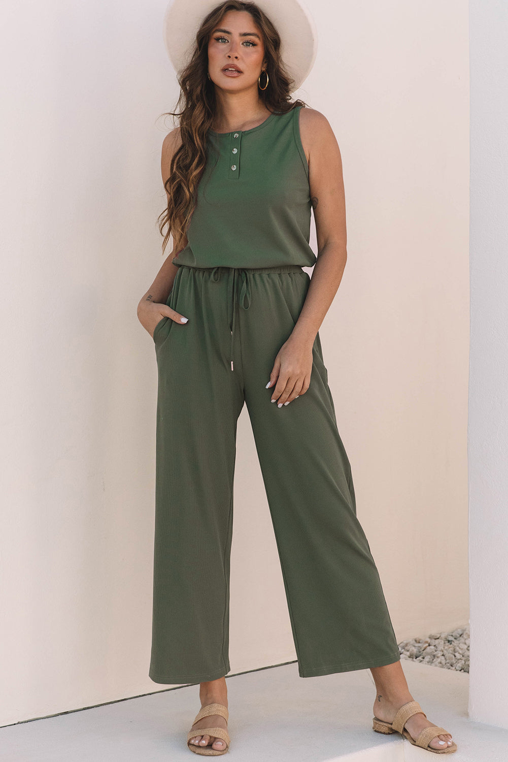 Vineyard Green Buttoned Drawstring Waist Sleeveless Wide Leg Jumpsuit