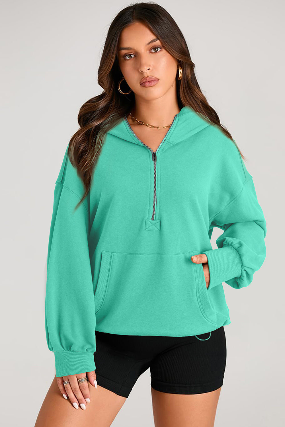 Bonbon Solid Kangaroo Pocket Half Zipper Oversized Hoodie