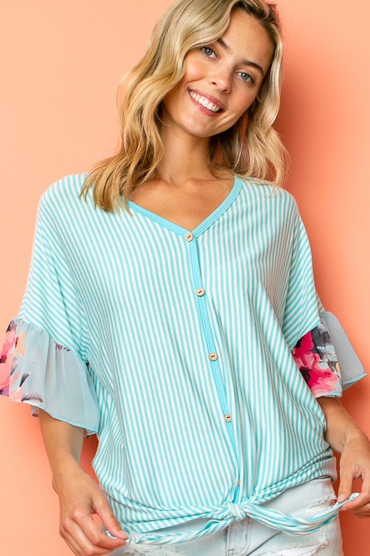 PLUS STRIPE FLORAL MIXED RUFFLE TOP