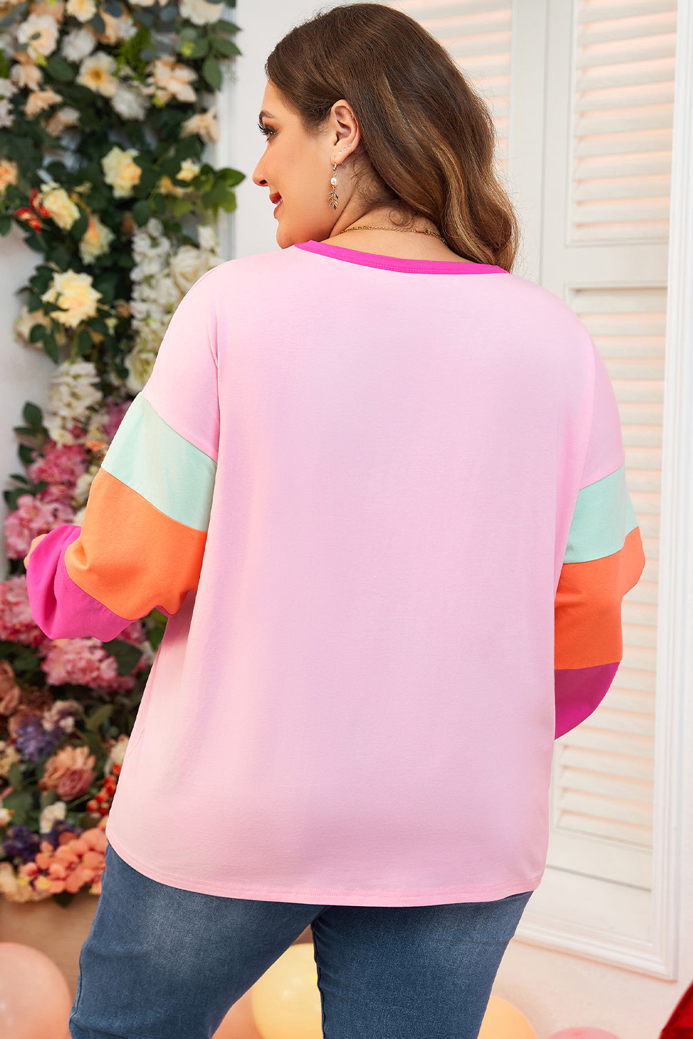 Pink Colorblock Patchwork Plus Size Top