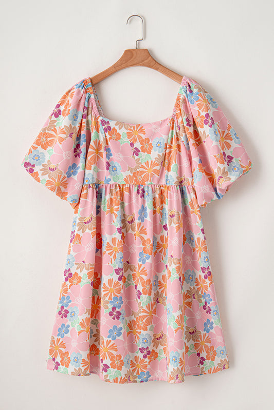 Multicolour Floral Puff Sleeve Dress - PLUS