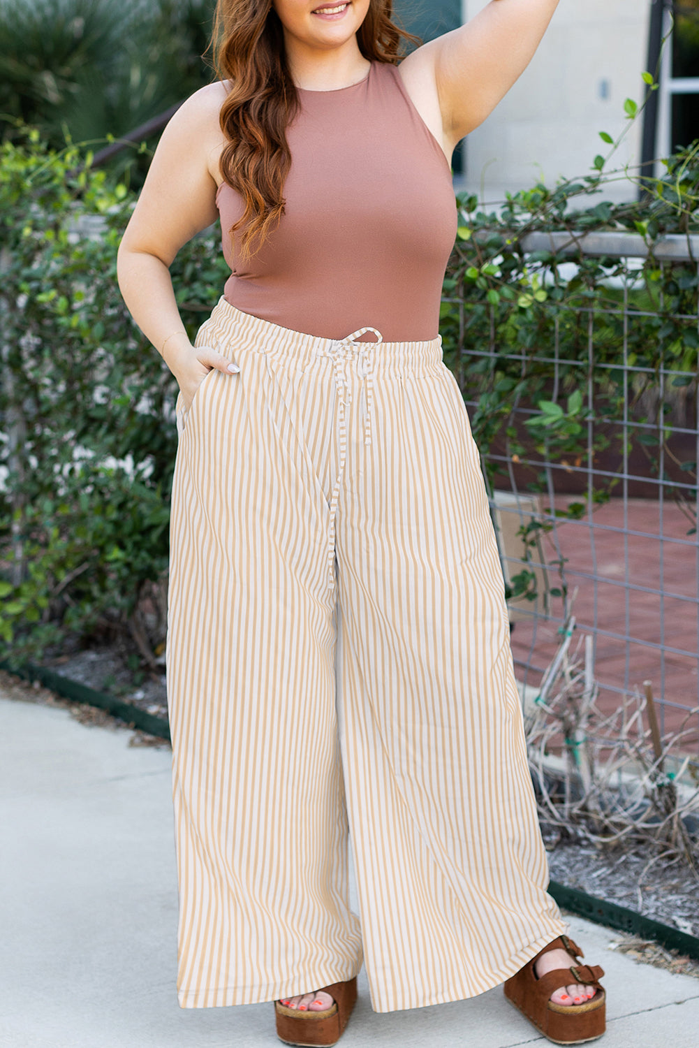 Khaki Stripe Plus Size Wide Leg Pants