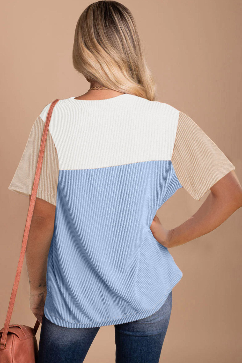 Light Blue Rib Textured Colorblock Tee