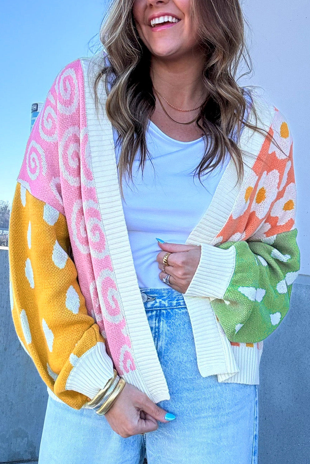 Orange Flower & Dotted Mixed Print Cardigan