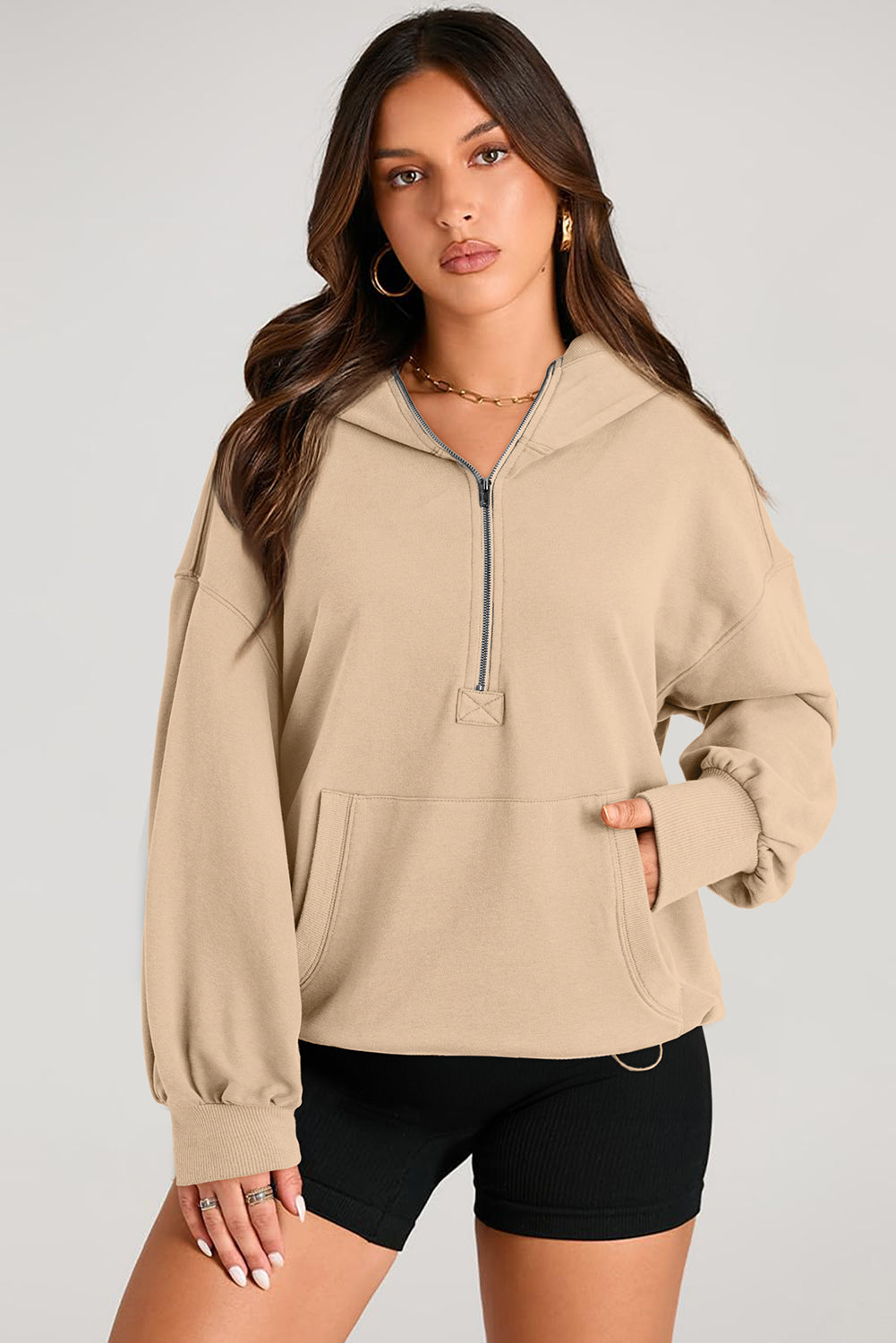 Bonbon Solid Kangaroo Pocket Half Zipper Oversized Hoodie